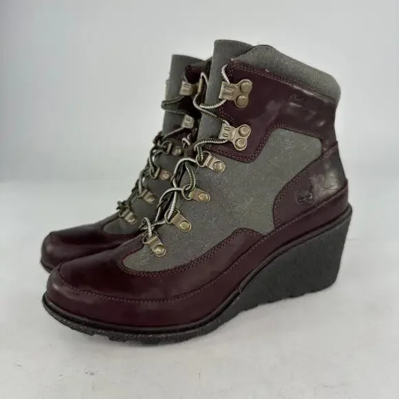 Timberland Amston Hiker Wedge Booties Sz 10 Womens Burgunday Leather Canvas Boot - Picture 2 of 13